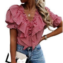 2021 New Fashion Sexy Shirts For Women Tops Neckline Pleated Ladies Plaid blouse Sweet Shirt For Women